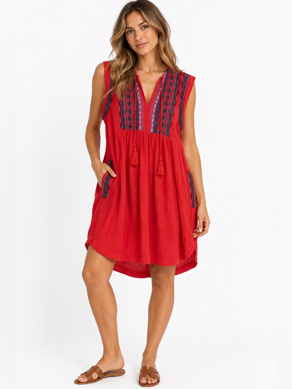 FATE One Size Red Embroidered Boho Cotton Tunic Dress M L
